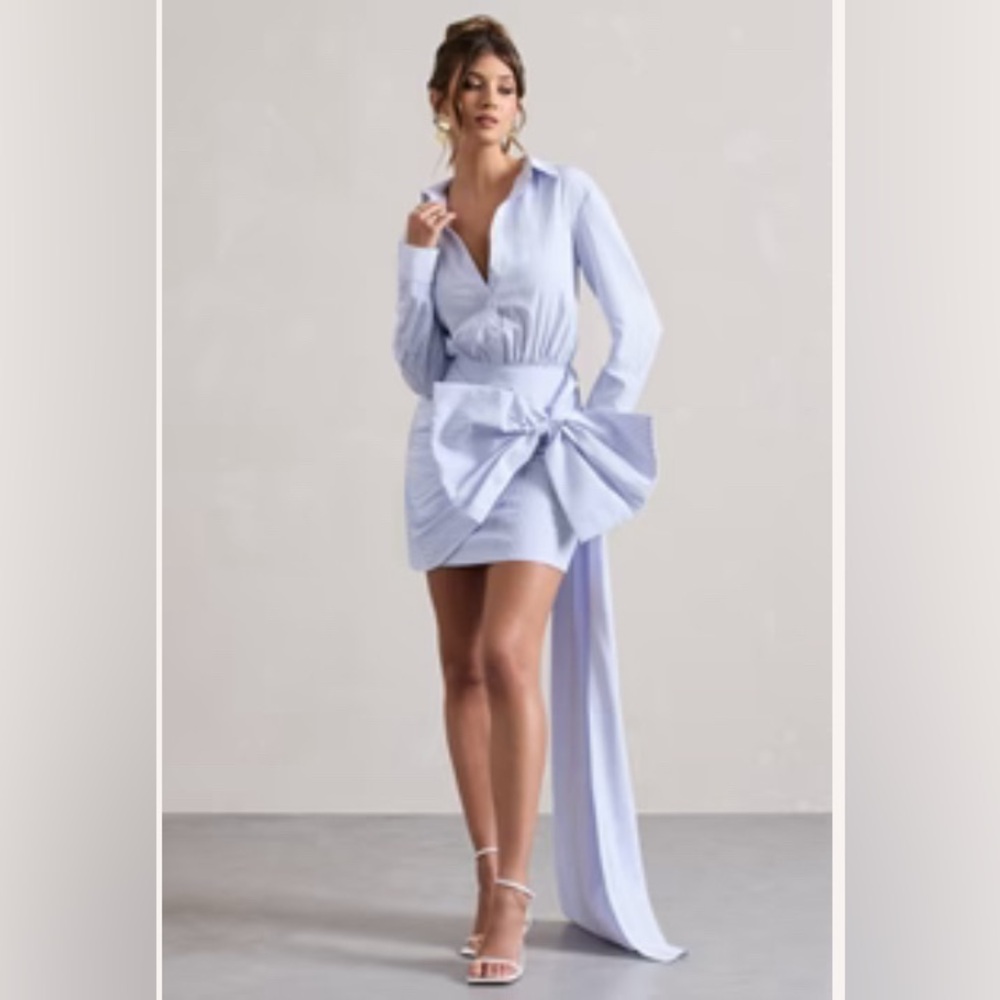 Chic Light Blue Mini Dress with Bow